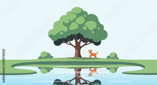 A lone dog stands beneath a large tree reflected in calm water