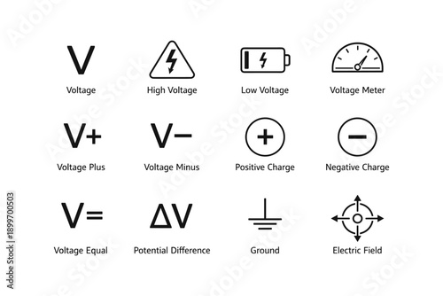 Electrical symbols: voltage, high and low voltage, positive and negative charges, ground, electric field