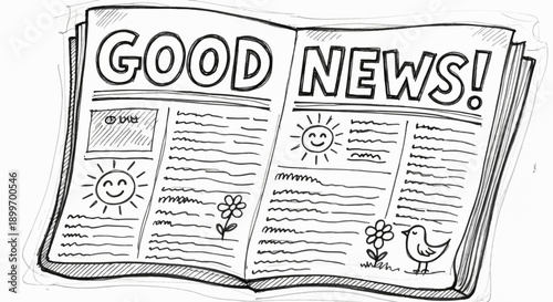 A hand-drawn newspaper open to a page with "GOOD NEWS!" text and illustrations of a smiling sun, flowers, and a bird
