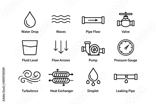 Essential fluid dynamics icons: water drop, waves, pipe flow, valve, fluid level, and more