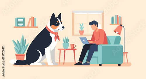 A person on a couch with a laptop, accompanied by a dog in a cozy room