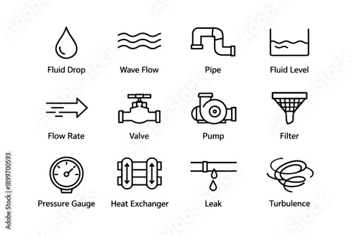 Fluid dynamics icons set featuring valve, pump, and leak symbols