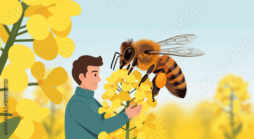 A person observing a bee on a vibrant yellow flowering plant under a pale blue sky