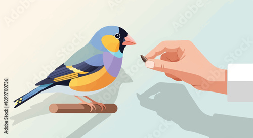 A colorful bird perched on a branch, being offered a seed by a hand