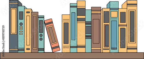 A row of colorful, stylized books arranged on a shelf