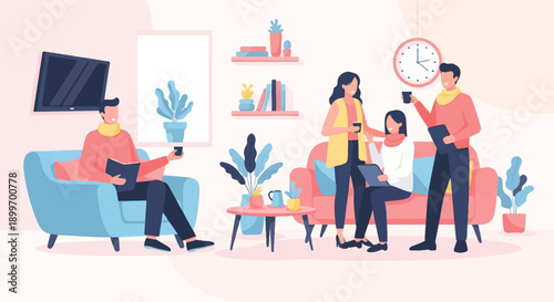 A cozy living room scene with people relaxing, reading, and chatting while enjoying drinks