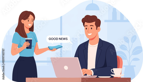 Cheerful colleagues share good news over coffee and laptop in office