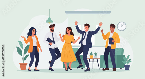 Cheerful colleagues celebrating in an office with modern decor