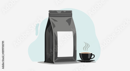 A dark coffee bag with a blank label sits beside a steaming black mug