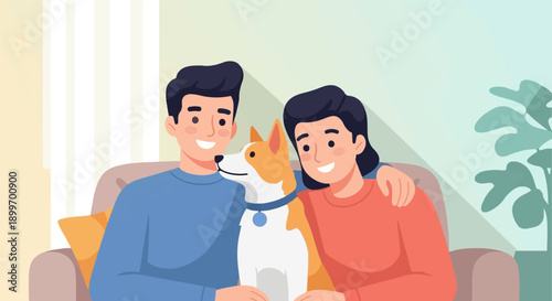 A happy couple and their dog relax on a couch indoors
