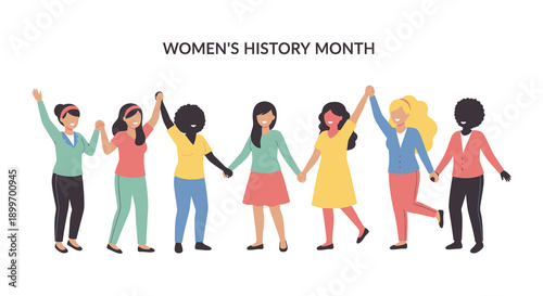 Womens history month celebration with diverse group of women holding hands isolated on transparent background