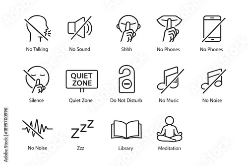 Quiet zone icons: silence, no noise, meditation, library, disturbance free