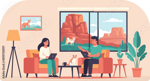 A cozy living room scene with two people working on laptops and dogs
