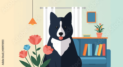 A happy dog sits in a living room with flowers and a bookshelf