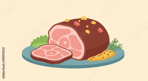 A roasted ham with a slice on a plate with garnish