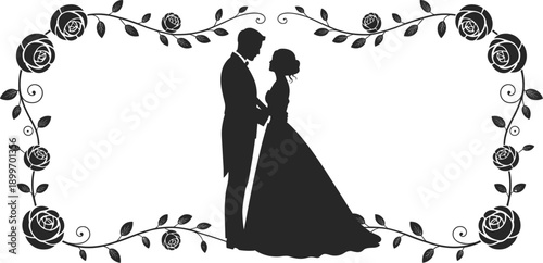 Silhouette of a bride and groom embracing within a floral frame Keywords: silhouette, wedding, bride, groom, couple, embrace