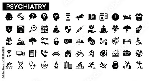 Psychiatry Icon Set Mental Health, Therapy, Wellness, and Treatment Concepts