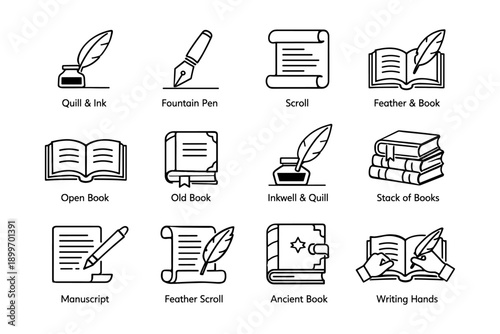 Collection of quill pen and book icons: fountain, scroll, feather, and writing tools