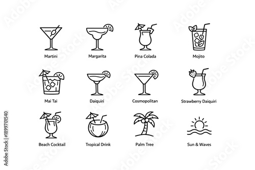Outline icons of popular cocktails and tropical summer elements