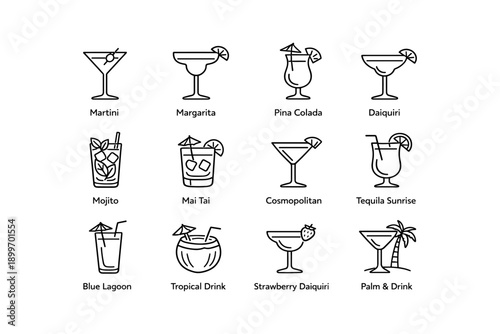Outline icons of various cocktails including martini, margarita, and mojito