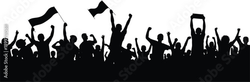 Silhouette of a crowd of people cheering with flags and signs shouting