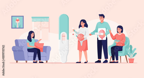 A happy family celebrating positive pregnancy test results