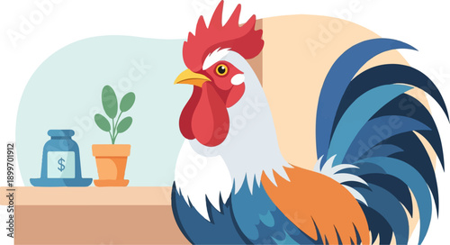 A decorative rooster with a plant and coin jar on a table