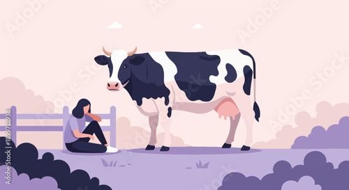 A person sits near a fence as a cow looks on in a pastoral scene
