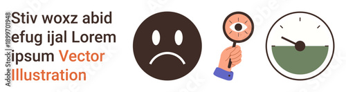 Emotional health, analytics, measurement, evaluation, mental state, performance indicators. Sad face, hand holding magnifying glass speedometer dial. Emotional health and analytics concept