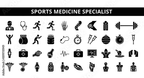 Sports Medicine Specialist Icon Set Healthcare, Fitness, and Rehabilitation Concepts