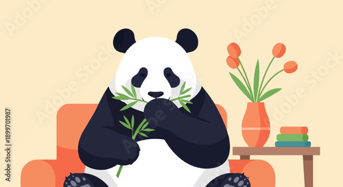 A happy panda sits on a chair eating bamboo