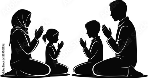Muslim family praying silhouette illustration, parents and children performing salah together, Islamic faith worship devotion concept, black isolated vector artwork