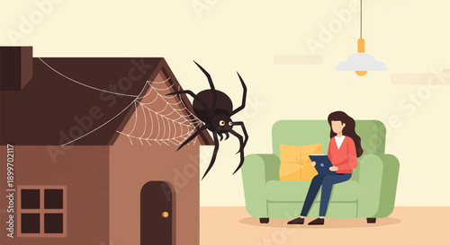 A person sits on a couch with a tablet as a large spider approaches a house