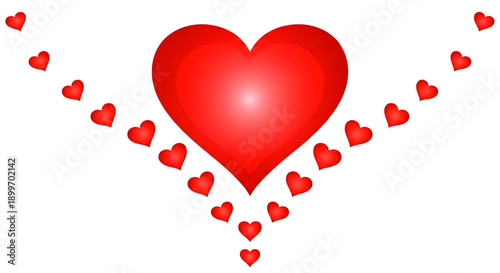 Large glowing red heart symbol surrounded by smaller hearts arranged in a V shape formation for romance isolated on transparent background valentine graphic decor decoration ornament shape sign