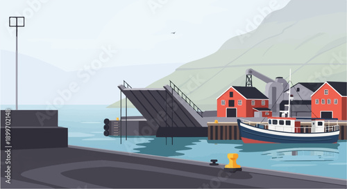 A harbor with a boat, red buildings, and hills under a cloudy sky