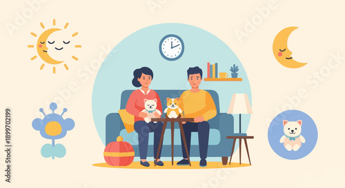 A cozy scene of a couple with their pets on a couch, surrounded by whimsical elements