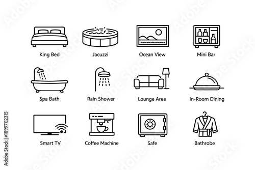 Luxury hotel room amenities icons: comfort and convenience essentials