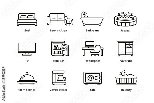 Hotel room amenities icons including bed lounge bathroom and jacuzzi