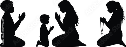 Silhouette family praying together, spiritual worship scene, faith devotion concept, religion prayer illustration, peaceful meditation moment, unity hope background image