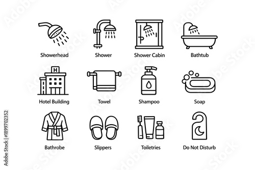 Bathroom icons: showerhead, bathtub, hotel, towel, shampoo, soap, bathrobe, slippers, toiletries