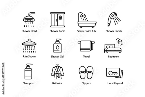 Bathroom icons: shower, bathtub, towel, shampoo, bathrobe, slippers, keycard
