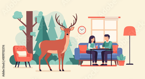 A deer stands in front of a forest scene, near a couch with two people