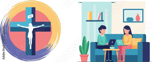 A religious cross with Jesus and two people working on laptops in a living room