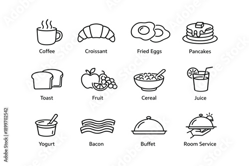 Breakfast icon set: coffee, croissant, eggs, pancakes, toast, fruit, cereal, juice, yogurt, bacon, buffet, room service