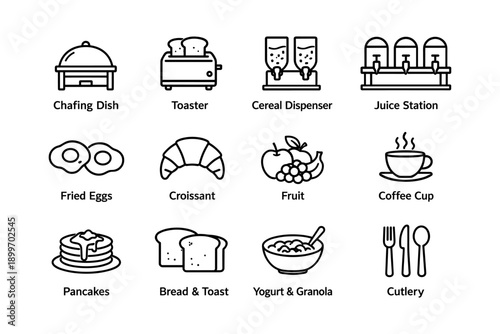 Breakfast buffet icons: chafing dish, toaster, cereal dispenser, juice station, cutlery