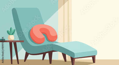 A relaxing chaise lounge with neck pillow and plant on a side table