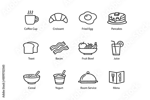 Icon set of breakfast foods and room service items