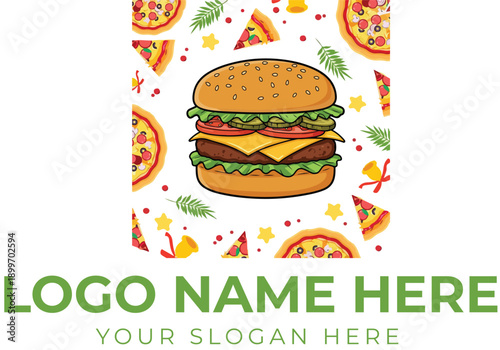 Cartoon hamburger logo vector with pizza, chili peppers, and herbs for fast food, snack bar, or casual dining branding