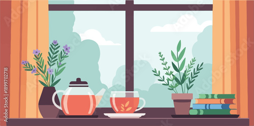 A cozy scene of a windowsill with tea, plants, and books