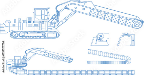 Tracked conveyor excavator blueprint illustration, industrial mining machinery technical drawing, construction equipment engineering diagram, detailed mechanical line art design